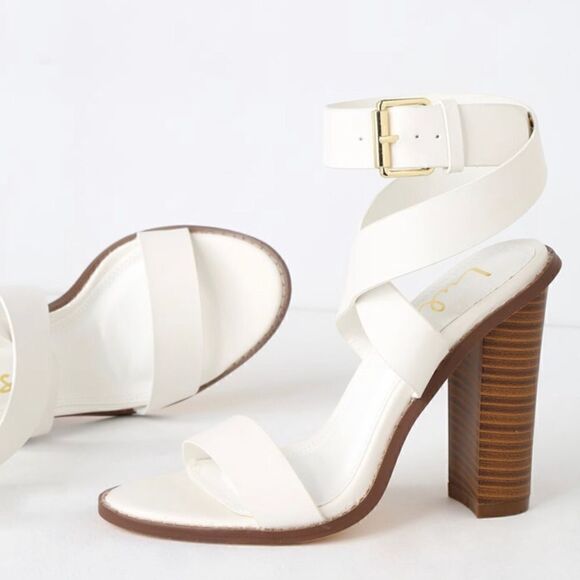 Lulu’s SHELBIE White Leather Ankle Strap Stacked Heel Open Toe Sandals - Picture 2 of 16